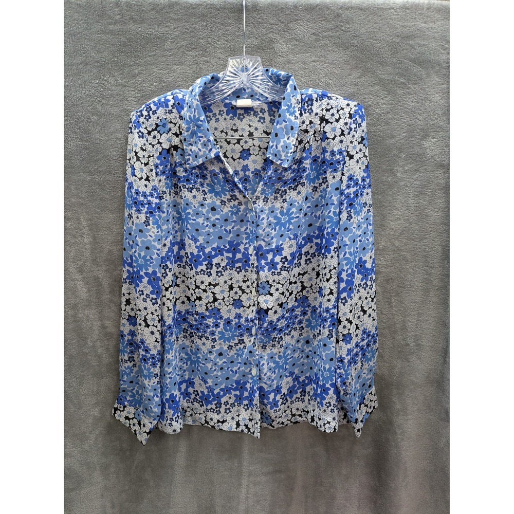 Cottagecore Blouse Women's Medium Blue Floral Sheer Shoulder Pads Coastal Resort